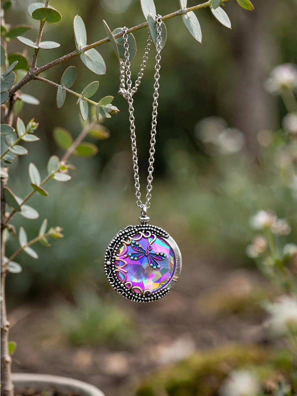 Silver Dragonfly Pendant Necklace with Iridescent  mirror Crystal